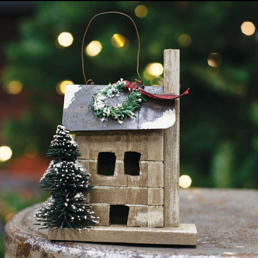Primitive Christmas Wood Snowy Log Cabin Ornament‎ Tin Roof w Bottle Brush Tree